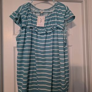 LuLaRoe Stasha Teal and White Striped Ruffle Top NWT 3X
